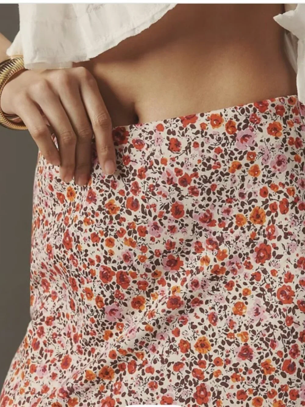 Anthropologie Floral Linen Blend Midi Skirt Pink Red Print Size XS